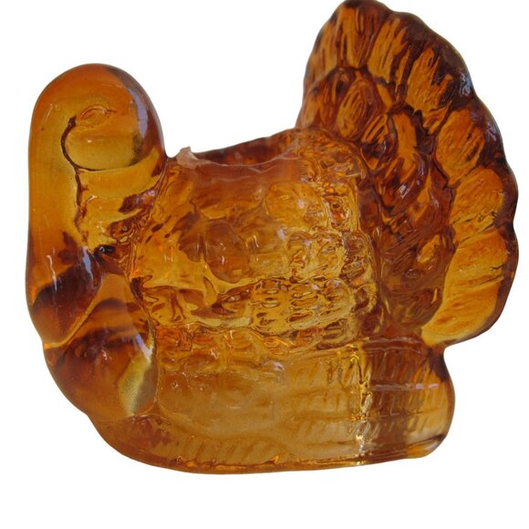 L.E. Smith Amber Glass Figural Turkey 2 Candle Holders 2" Thanksgiving USA MADE - Picture 1 of 8